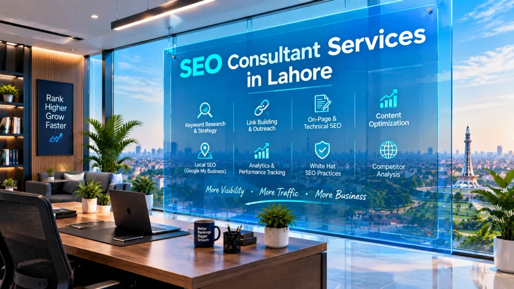 SEO Consultant Services in Lahore displayed on a blue crystal glass screen with keyword research link building technical SEO and content optimization services